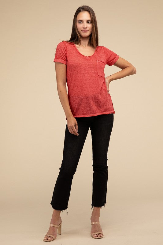 Washed Melange Burnout Scoop V-Neck Top - Online Exclusive