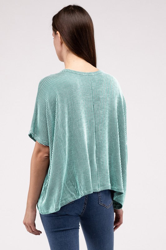 Ribbed Striped Oversized Short Sleeve Top - online exclusive