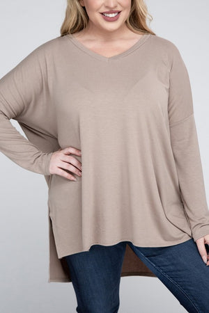 Plus Size Dolman Sleeve V-Neck Side Slit Hi-Low Hem Top - Online Exclusive