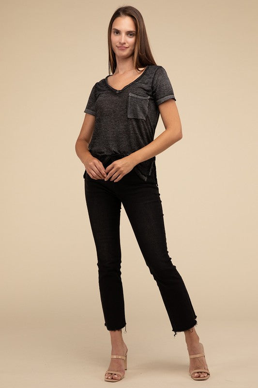 Washed Melange Burnout Scoop V-Neck Top - Online Exclusive