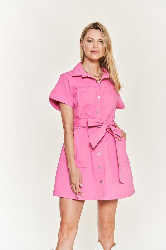 Belted cotton short dress - ONLINE EXCLUSIVE