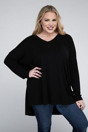 Plus Size Dolman Sleeve V-Neck Side Slit Hi-Low Hem Top - Online Exclusive