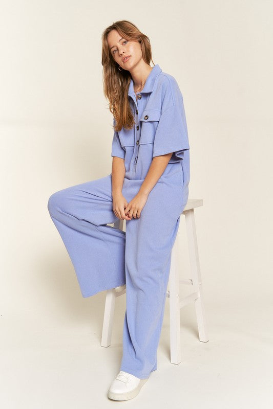 Basic Collar Shirt Wide leg Jumpsuit - Online Exclusive