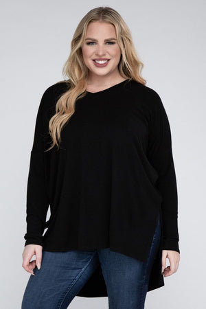 Plus Size Dolman Sleeve V-Neck Side Slit Hi-Low Hem Top - Online Exclusive