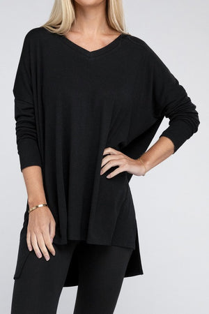 Dolman Long Sleeve V-Neck Side Slit Hi-Low Hem Top - Online Exclusive