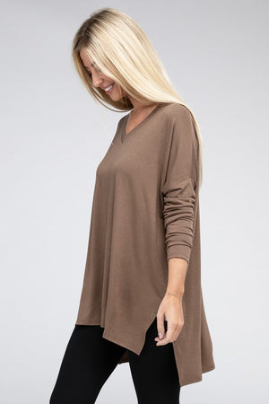 Dolman Long Sleeve V-Neck Side Slit Hi-Low Hem Top - Online Exclusive