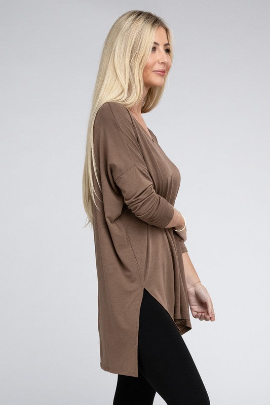 Dolman Long Sleeve V-Neck Side Slit Hi-Low Hem Top - Online Exclusive