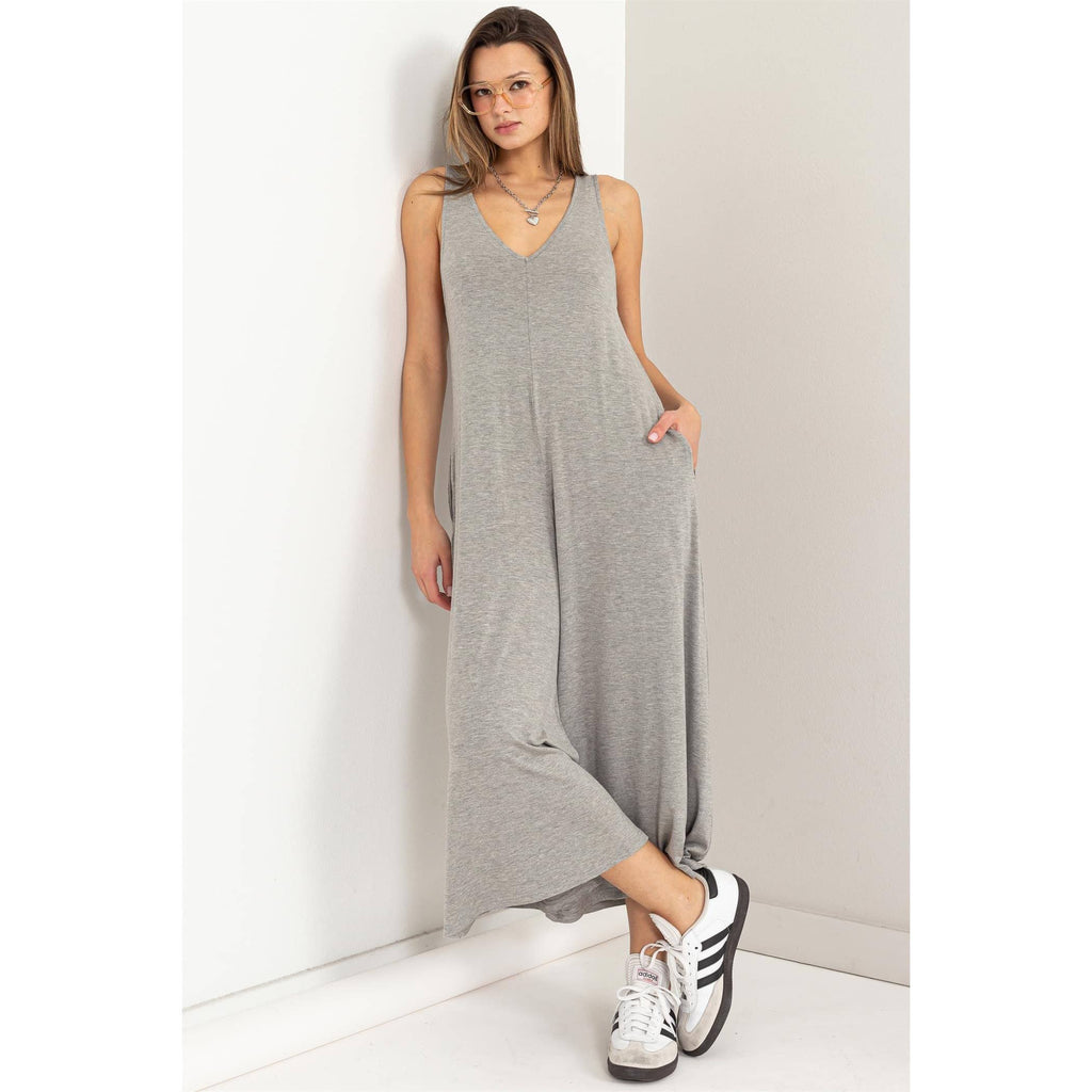 JERSEY V-NECK JUMPSUIT: HEATHER GRAY