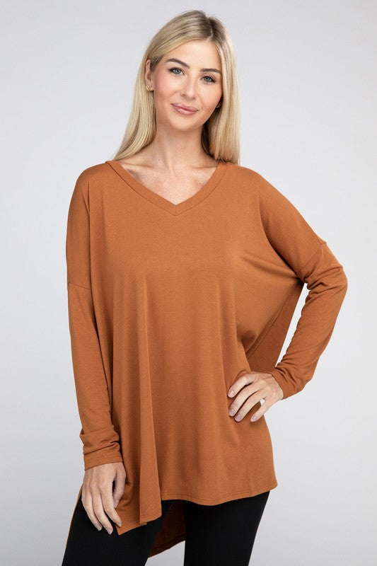 Dolman Long Sleeve V-Neck Side Slit Hi-Low Hem Top - Online Exclusive