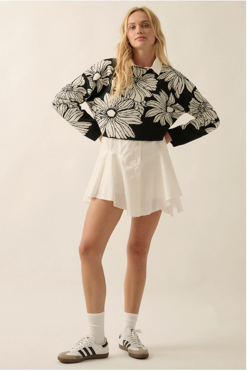 Floral Boat Neck Long Sleeve Crop Top