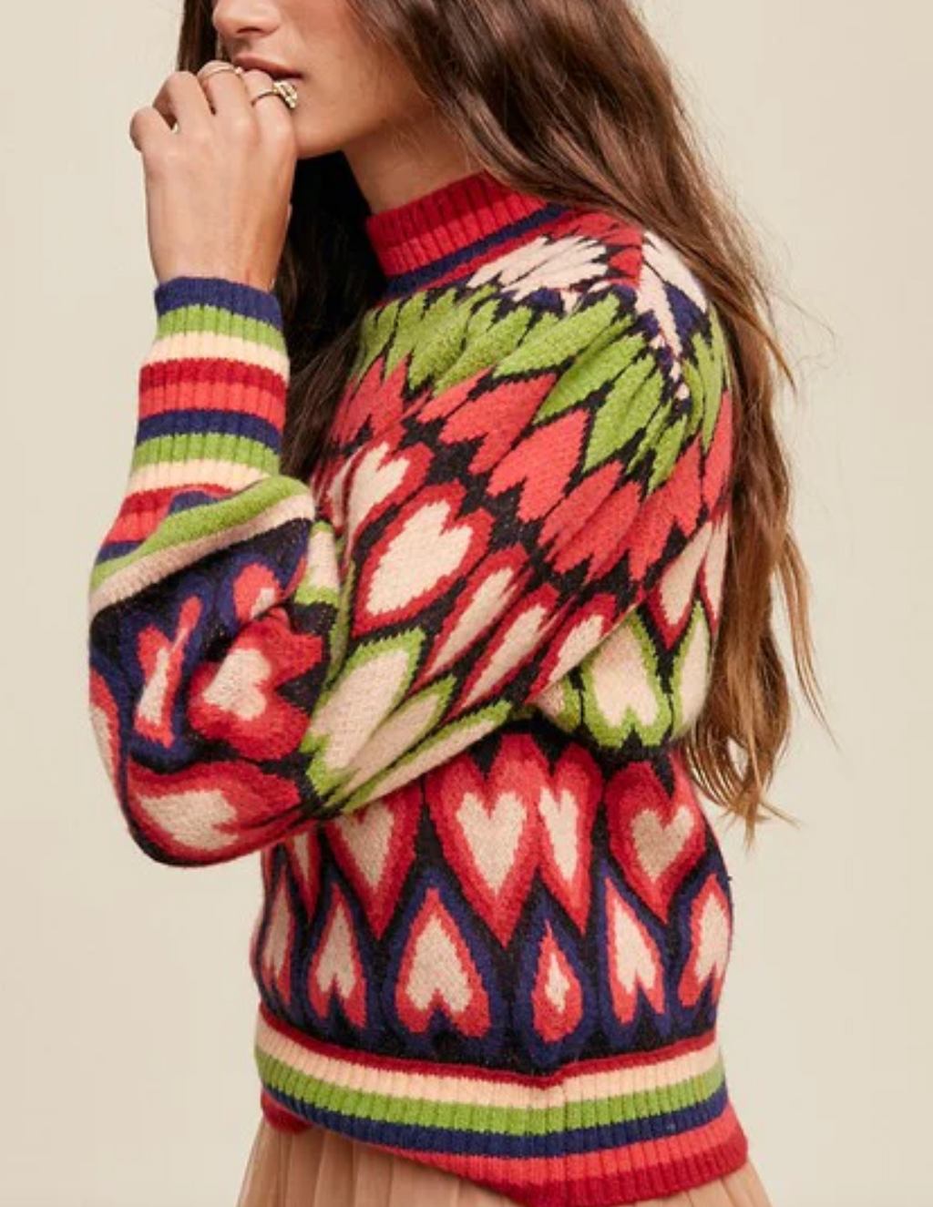Full of Heart Mock Neck Puff Sleeve Knit Sweater