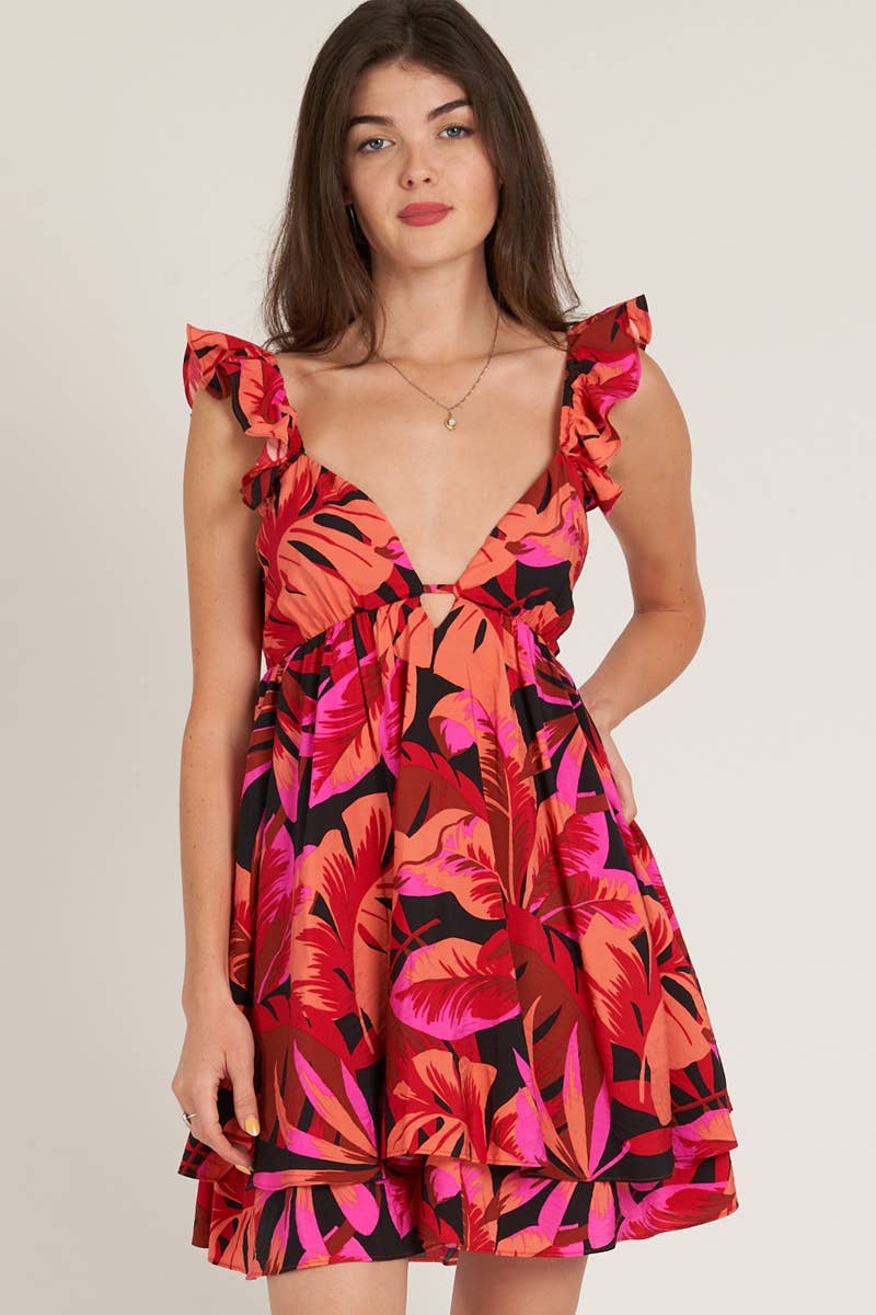 Flutter Sleeve Open Back Tiered Printed Mini Dress: Black Coral