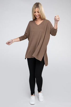 Dolman Long Sleeve V-Neck Side Slit Hi-Low Hem Top - Online Exclusive