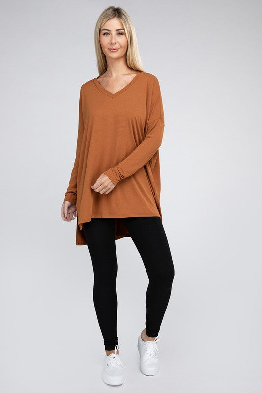 Dolman Long Sleeve V-Neck Side Slit Hi-Low Hem Top - Online Exclusive