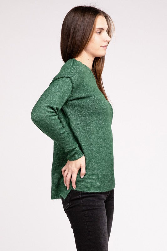 Melange Hi-Low Hem Round Neck Sweater - online exclusive