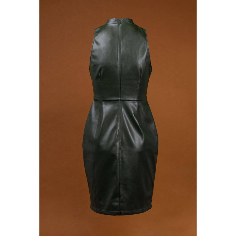 Vegan Leather High Neck Midi Dress: Forest Green