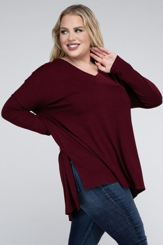 Plus Size Dolman Sleeve V-Neck Side Slit Hi-Low Hem Top - Online Exclusive