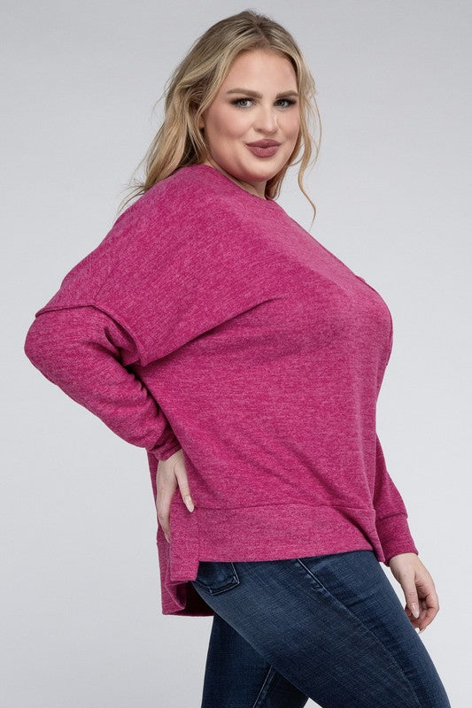 Plus Size Brushed Melange Drop Shoulder Sweater - online exclusive