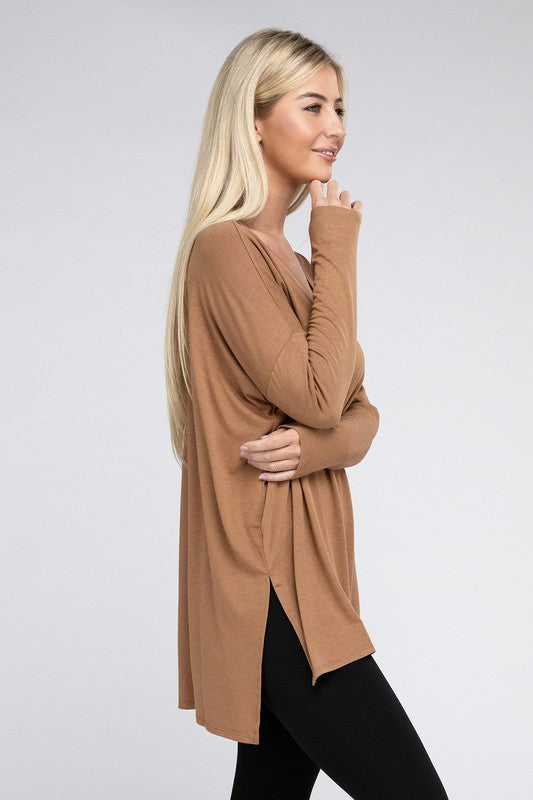 Dolman Long Sleeve V-Neck Side Slit Hi-Low Hem Top - Online Exclusive