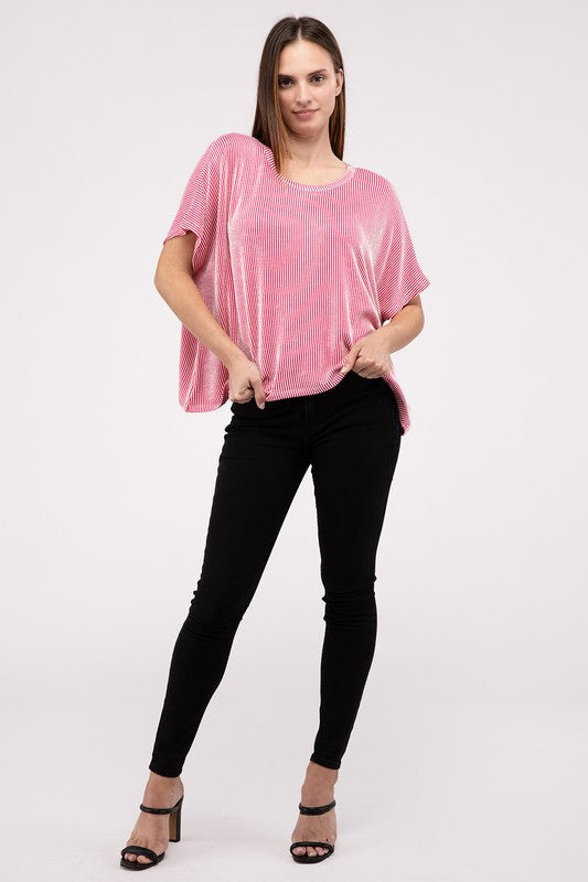 Ribbed Striped Oversized Short Sleeve Top - online exclusive
