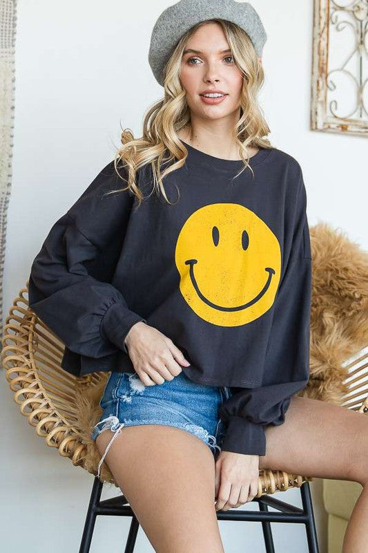 SMILEY FACE LONG SLEEVE CROP TOP - Online exclusive