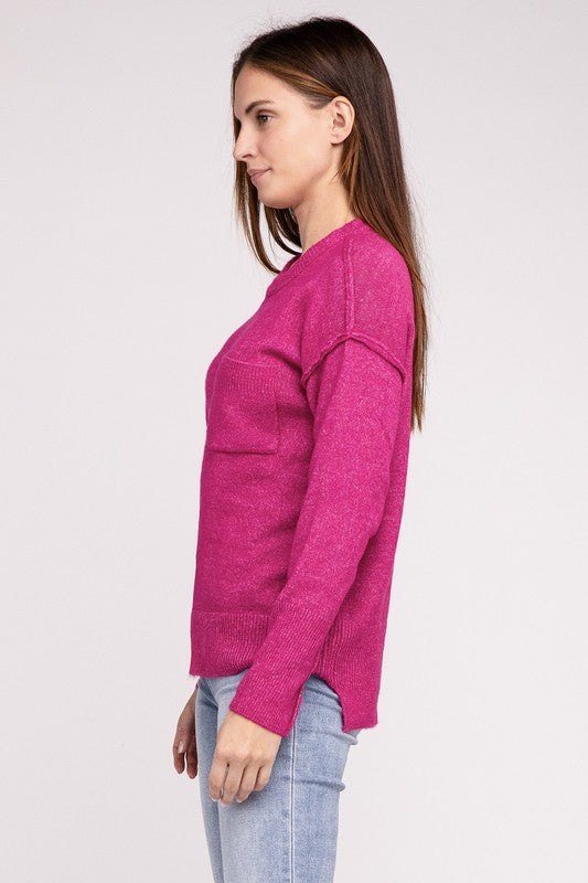 Melange Hi-Low Hem Round Neck Sweater - online exclusive