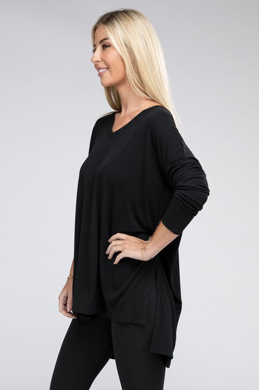 Dolman Long Sleeve V-Neck Side Slit Hi-Low Hem Top - Online Exclusive