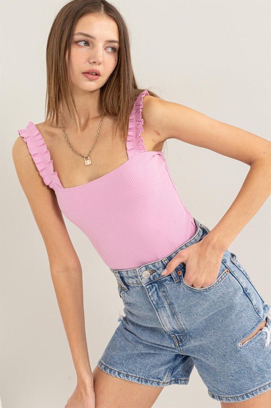 Ribbed Ruffle Strap Bodysuit