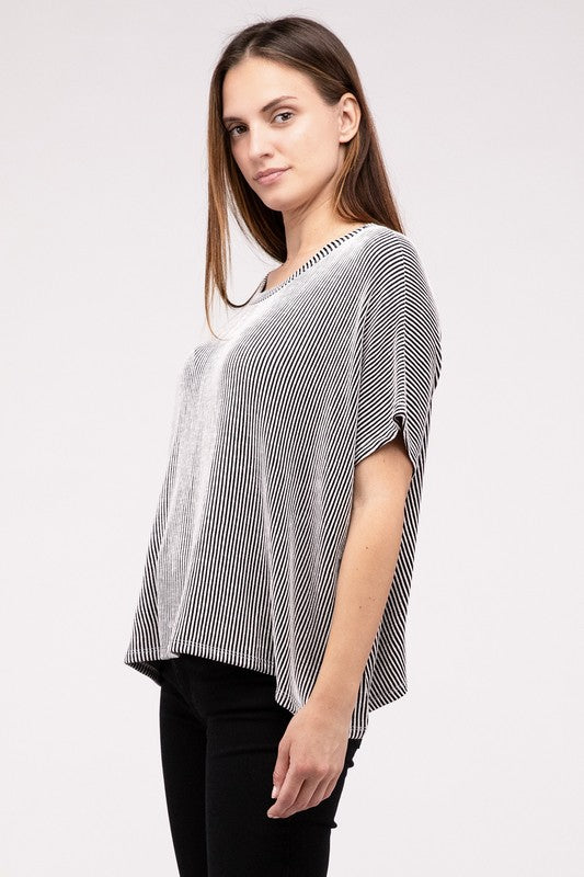 Ribbed Striped Oversized Short Sleeve Top - online exclusive