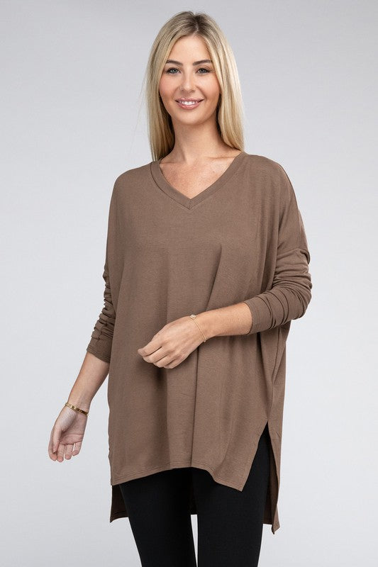 Dolman Long Sleeve V-Neck Side Slit Hi-Low Hem Top - Online Exclusive