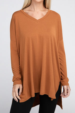 Dolman Long Sleeve V-Neck Side Slit Hi-Low Hem Top - Online Exclusive