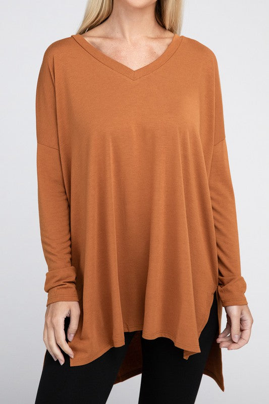 Dolman Long Sleeve V-Neck Side Slit Hi-Low Hem Top - Online Exclusive