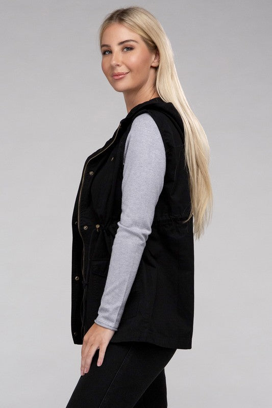 Drawstring Waist Military Hoodie Vest - online exclusive