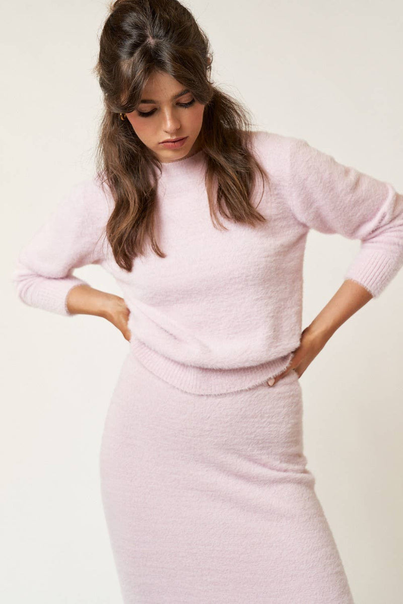 Baby Pink FUZZY ROUND NECK SWEATER TOP