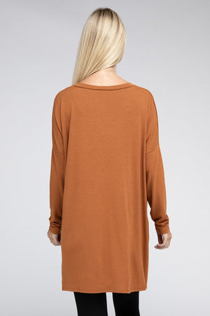 Dolman Long Sleeve V-Neck Side Slit Hi-Low Hem Top - Online Exclusive