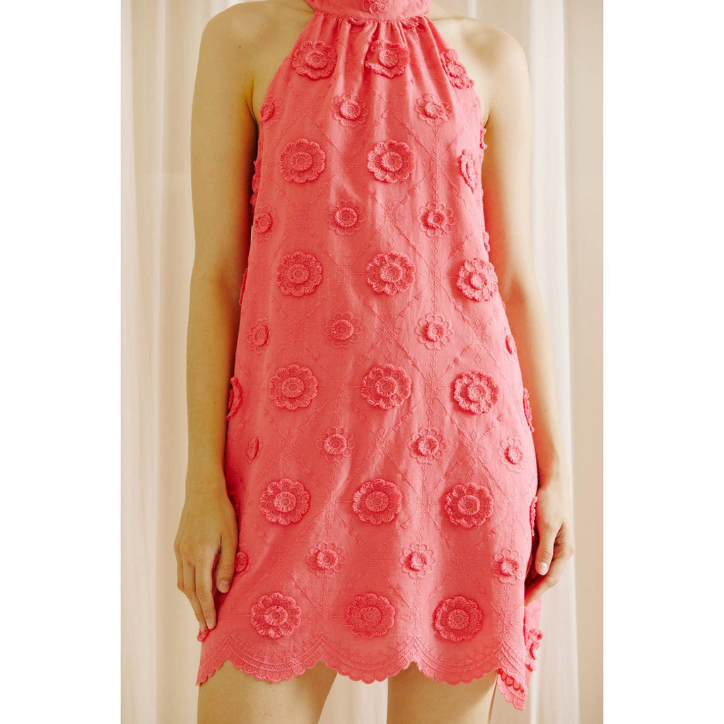 MONOCHROMATIC FLORAL EMBROIDERED MINI DRESS: HOT PINK Dress