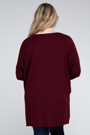 Plus Size Dolman Sleeve V-Neck Side Slit Hi-Low Hem Top - Online Exclusive