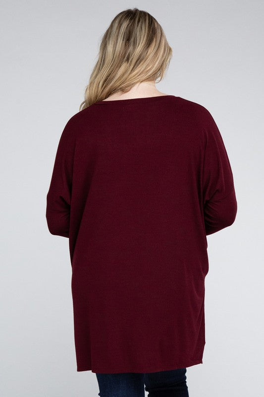 Plus Size Dolman Sleeve V-Neck Side Slit Hi-Low Hem Top - Online Exclusive