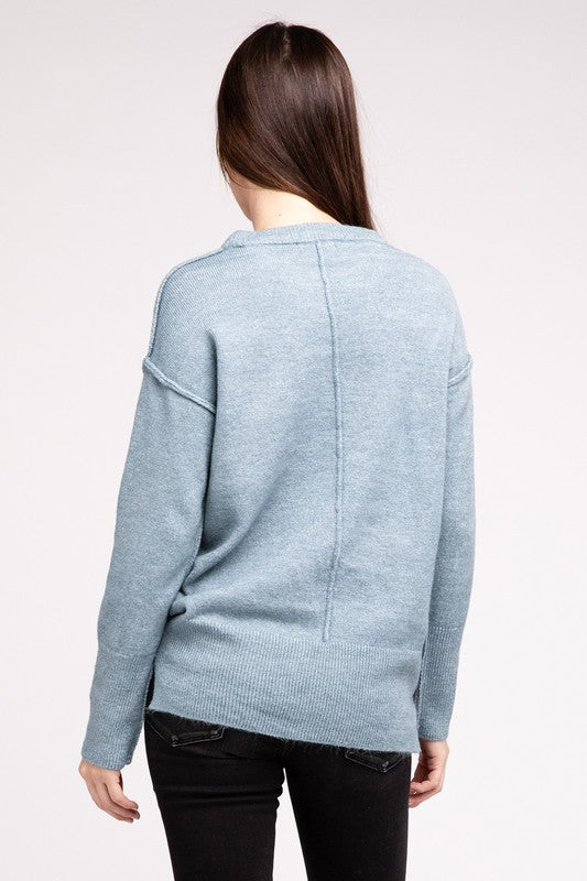 Melange Hi-Low Hem Round Neck Sweater - online exclusive