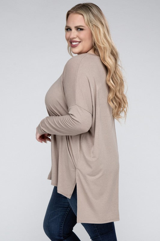 Plus Size Dolman Sleeve V-Neck Side Slit Hi-Low Hem Top - Online Exclusive