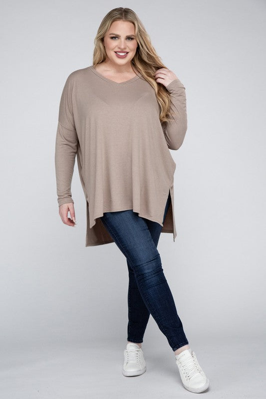 Plus Size Dolman Sleeve V-Neck Side Slit Hi-Low Hem Top - Online Exclusive