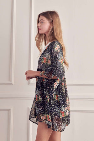 FLORAL PRINT RUFFLE SLEEVE KIMONO  - Online Exclusive