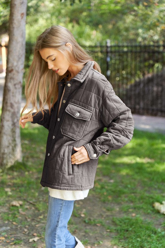 Solid Mineral Wash Quilted Pockets Shacket