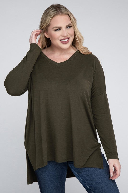 Plus Size Dolman Sleeve V-Neck Side Slit Hi-Low Hem Top - Online Exclusive