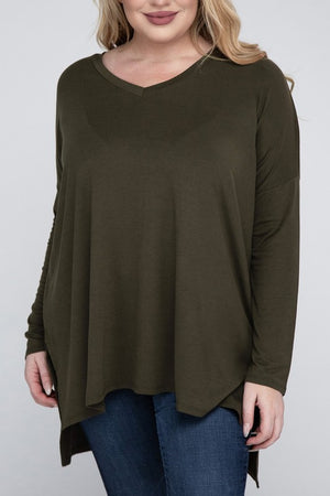 Plus Size Dolman Sleeve V-Neck Side Slit Hi-Low Hem Top - Online Exclusive