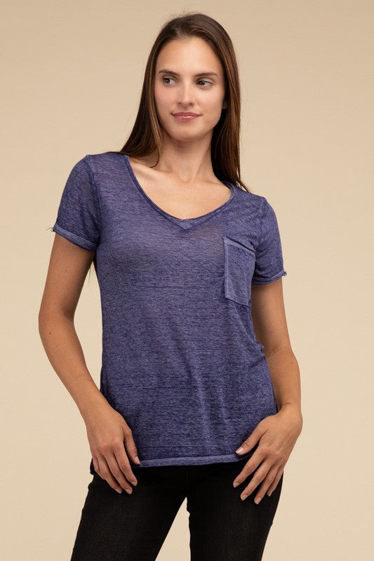 Washed Melange Burnout Scoop V-Neck Top - Online Exclusive