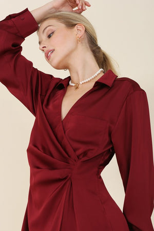 Satin collared wrap mini dress - online exclusive