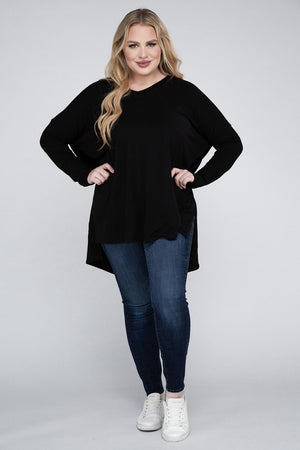 Plus Size Dolman Sleeve V-Neck Side Slit Hi-Low Hem Top - Online Exclusive