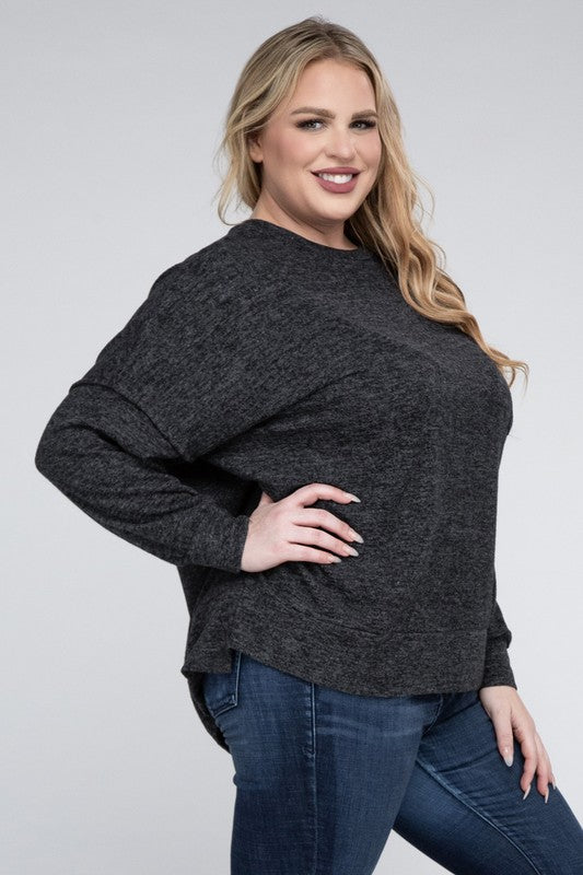 Plus Size Brushed Melange Drop Shoulder Sweater - online exclusive