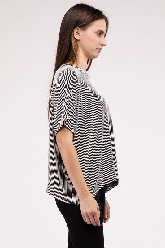 Ribbed Striped Oversized Short Sleeve Top - online exclusive